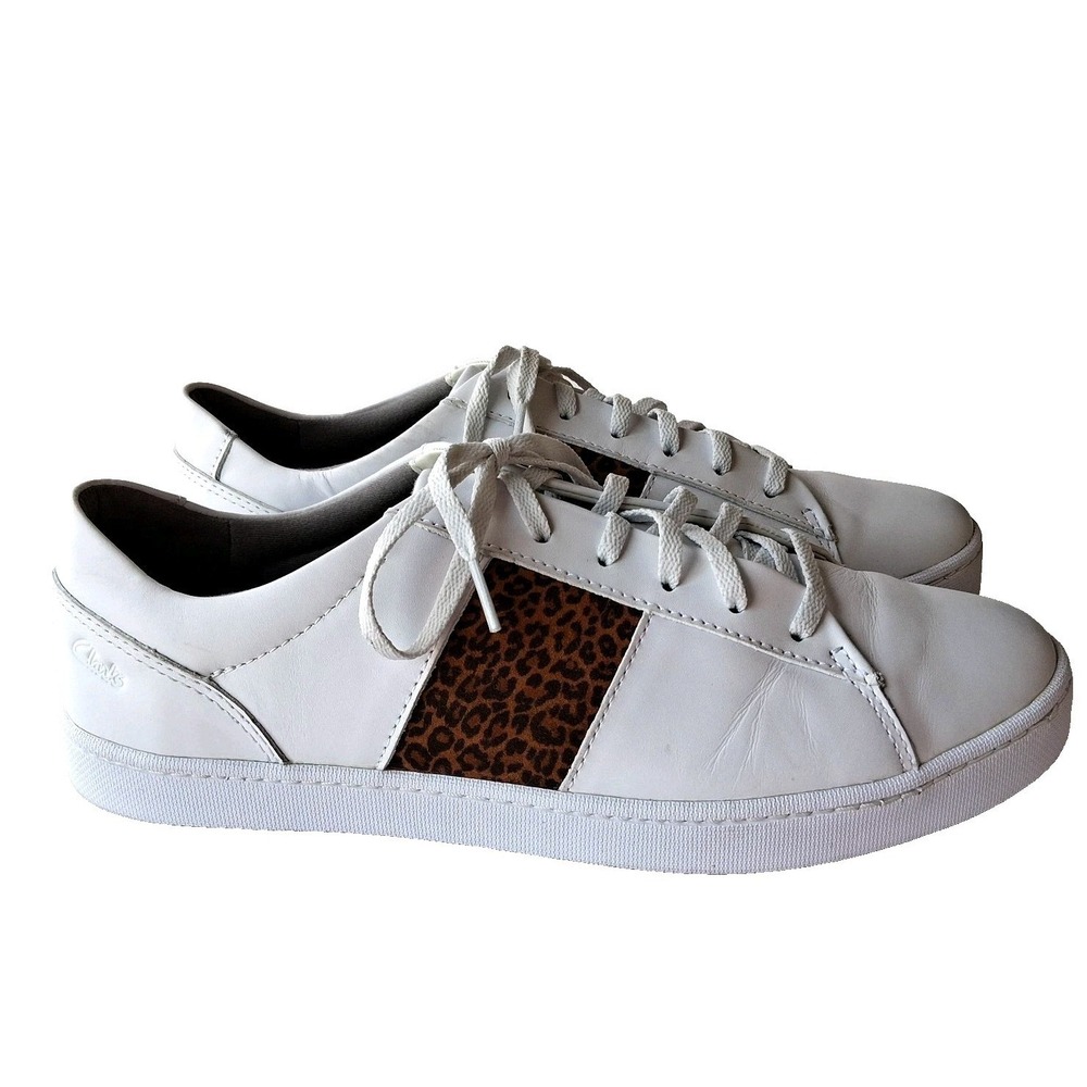 CLARKS Pawley Rilee Leather Sneakers Women's  Sz 11 Wht/ 🐆 Leopard Casual Shoes
